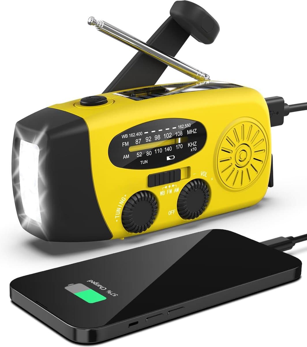 Draagbare handslinger noodradio met zonne-oplader 2000mAh oplaadbare powerbank voor noodgevallen LED-zaklamp SOS-alarm (geel) — afbeelding 1