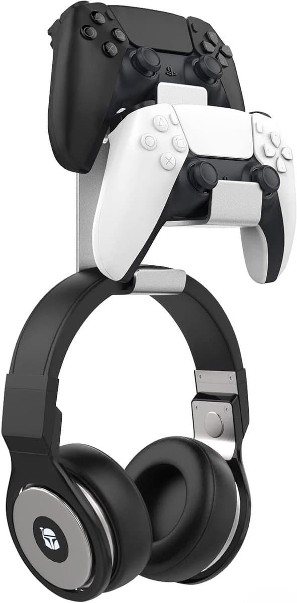 Universele houder voor gamepads en headsets - Wandhouder van aluminiumlegering voor PS3, PS4, PS5, PC - Opbergrek voor gaming accessoires - Zilverkleurig - Handig en ruimtebesparend — afbeelding 1