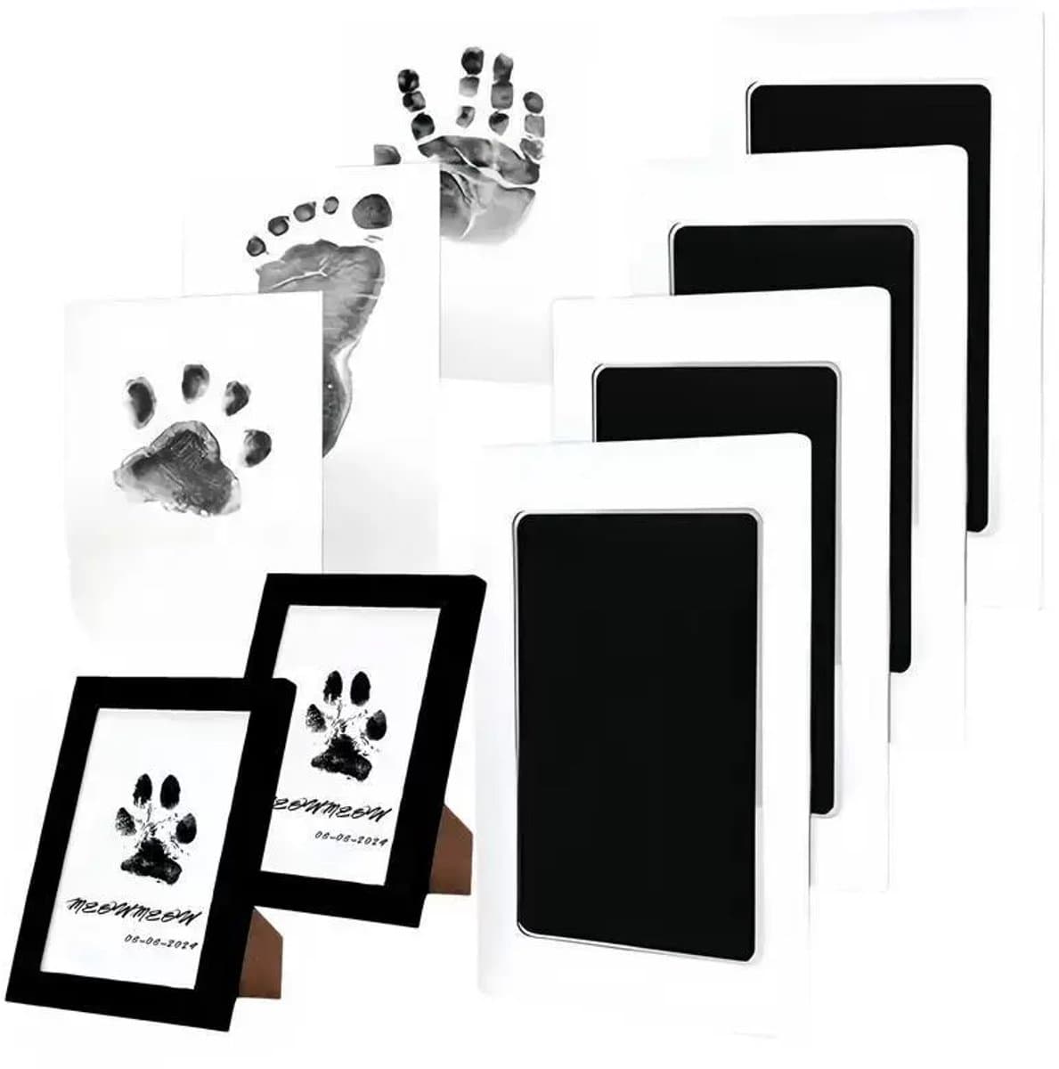 2 stuks - Baby handafdruk - Baby voetafdruk - Inktafdruk - Incl. 2 Fotolijstje en 4 Witte Kaartjes - Baby afdrukset - Babyshower Cadeau - Pootafdruk Hond & Kat - Veilig voor baby-aandenken - Zwart — afbeelding 1