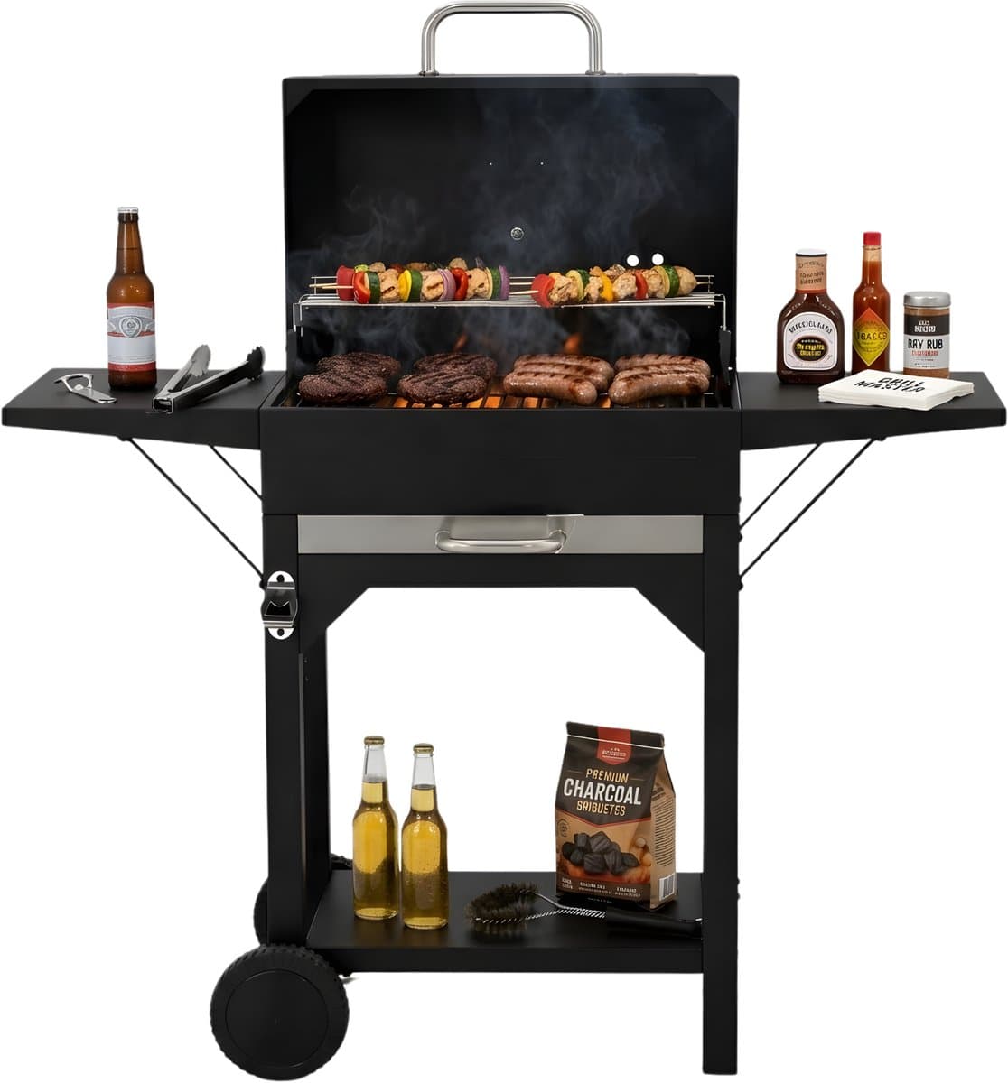 Lomera Houtskool BBQ - BBQ op Wielen - Houtskool BBQ op Wielen - Houtskool BBQ met Deksel - Zwarte Houtskool BBQ — afbeelding 1
