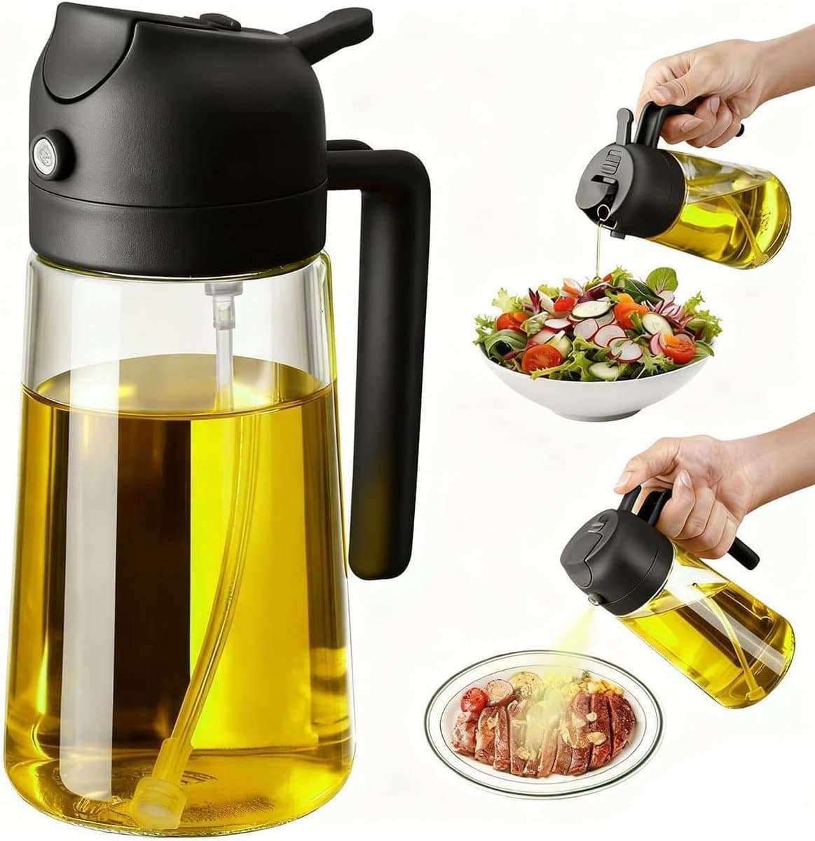 Glazen spuitfles van 470 ml (16 oz) - 2-in-1 olijfoliefles, een onmisbaar keukenhulpmiddel geschikt geschikt voor airfryers, salades, koken, grillen en bakken (zwart). Bezoek de JIMYOU-winkel. — afbeelding 1