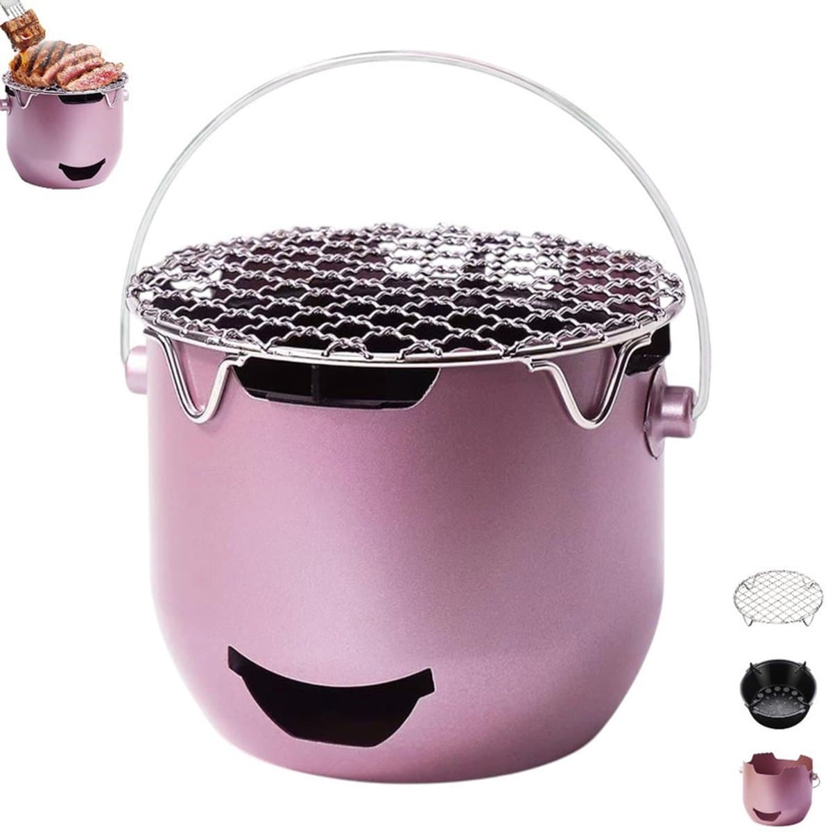 Draagbare houtskoolgrill - Mini roestvrijstalen houtskoolgrill - Paars - Kleine buitengrill - Mini houtskoolgrill - 2-in-1 buitengrill voor kamperen - Geschikt voor kamperen, barbecueën in de achtertuin, camper, picknicks — afbeelding 1