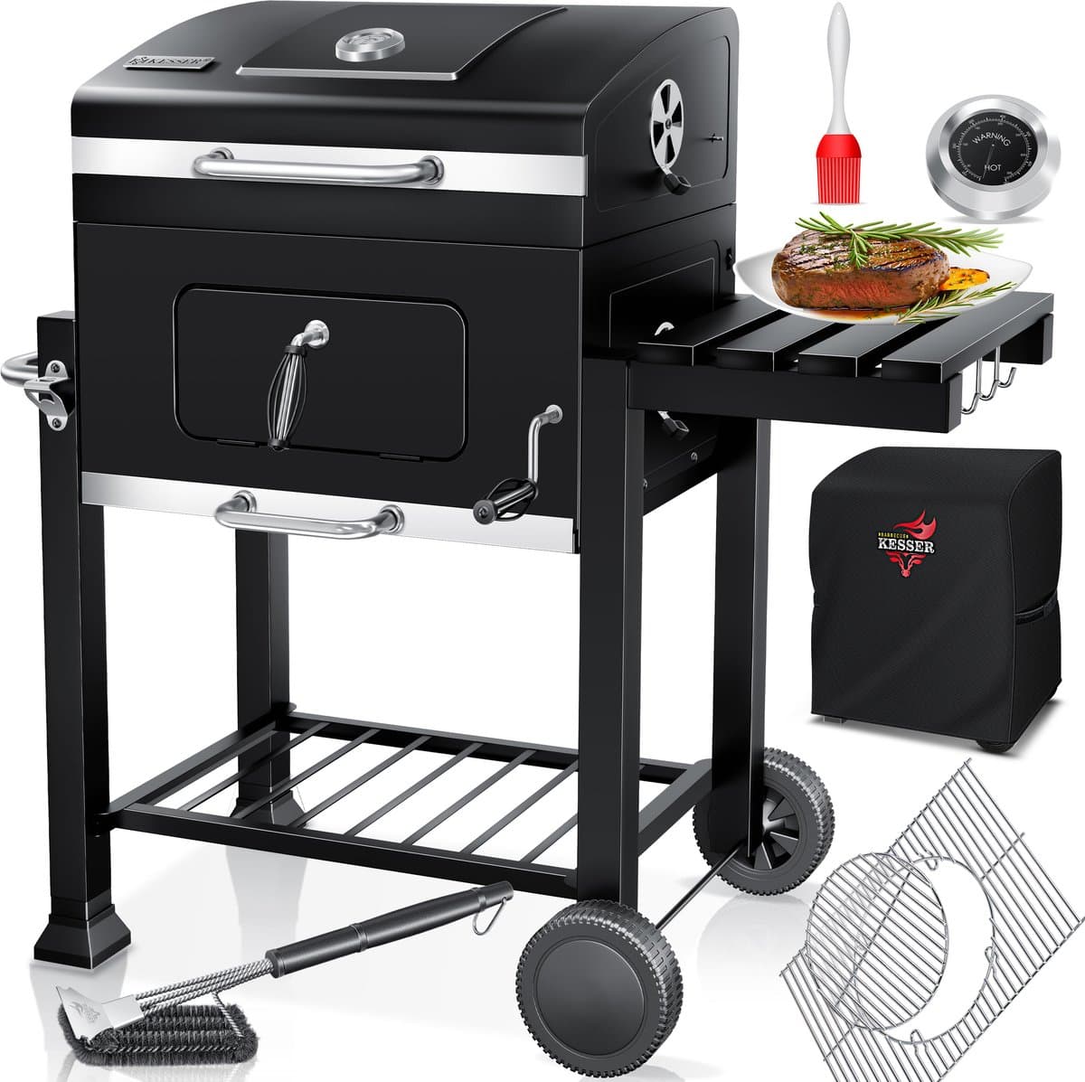 KESSER® Houtskoolbarbecue XL Barbeque Houtskool met Deksel, Wielen, Afdekkap, Roestvrij Stalen Handvat, Barbecuerooster en Thermometer, 8 Spiesen met Zakje & siliconen Borstel, grote BBQ Camping Terras Tuin — afbeelding 1