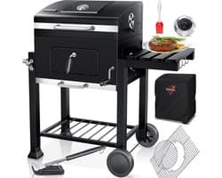 KESSER® Houtskoolbarbecue XL Barbeque Houtskool met Deksel, Wielen, Afdekkap, Roestvrij Stalen Handvat, Barbecuerooster en Thermometer, 8 Spiesen met Zakje & siliconen Borstel, grote BBQ Camping Terras Tuin