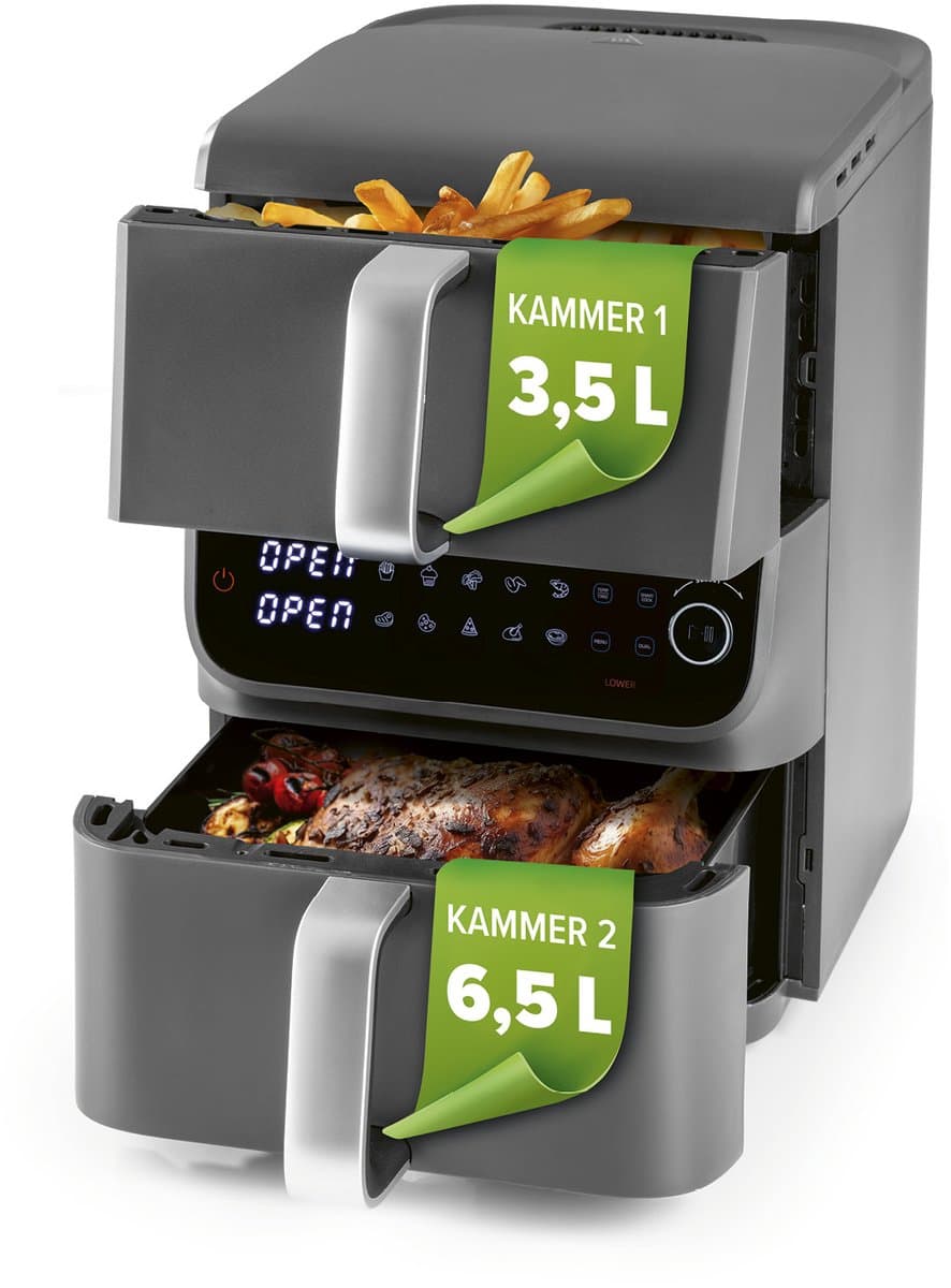 GOURMETmaxx FryUp dubbele kamer heteluchtfriteuse MultiSize - 10 l | verticale airfryer met 2 kamergroottes: minder verspilling van kookruimte | 10 programma's & led-touchdisplay | heteluchtfriteuse 2 kamers — afbeelding 1