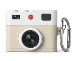 Wit hoesje voor oordopjes unisex in retro camera vorm met karabijnhaak geschikt voor AirPods Pro 2 met reliëf details en compact ontwerp