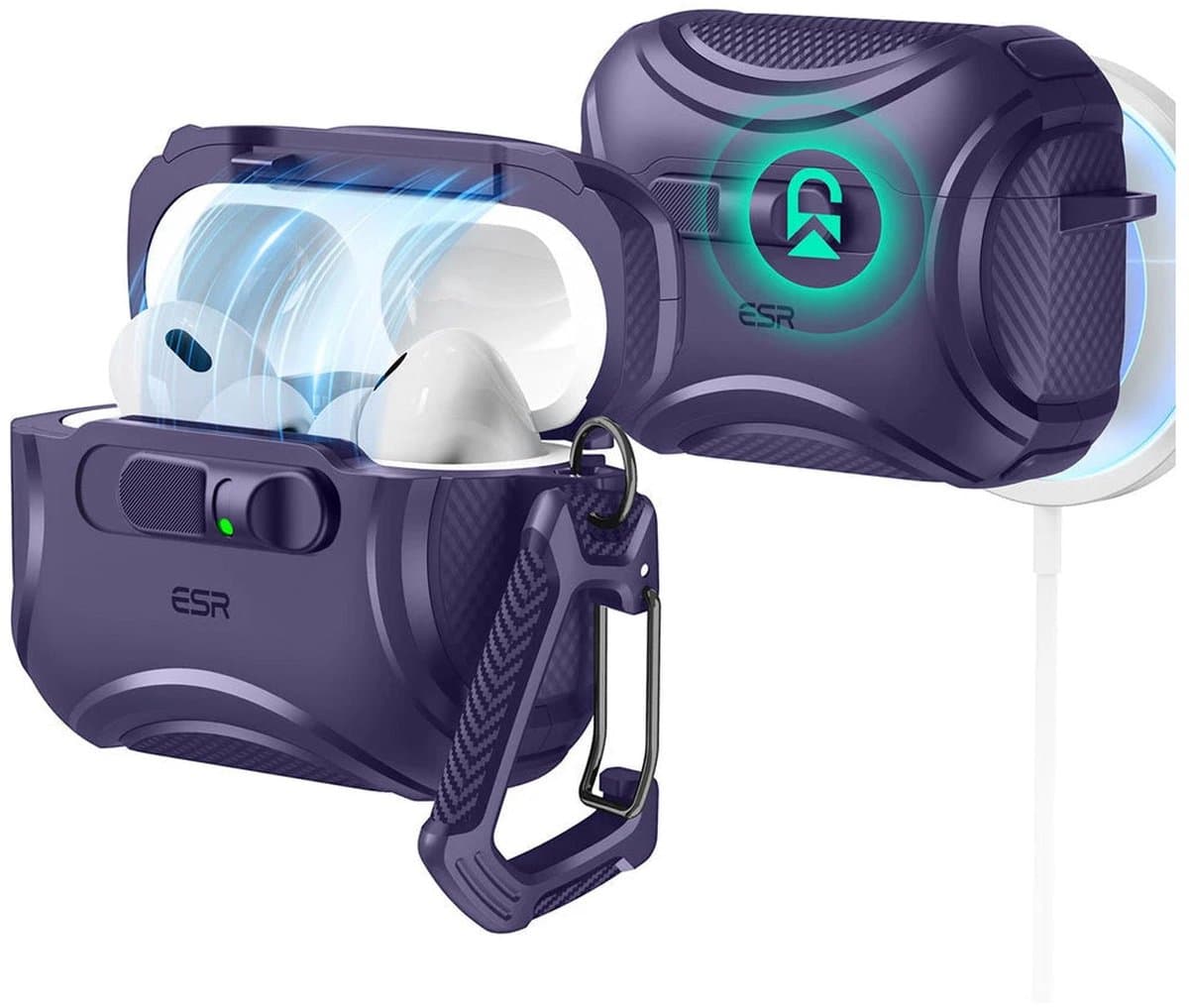 ESR Hoesje Geschikt Voor AirPods Pro 3 (2025) - Cyber FlickLock Case - Compatibel met MagSafe - Karabijnhaak - Paars — afbeelding 1