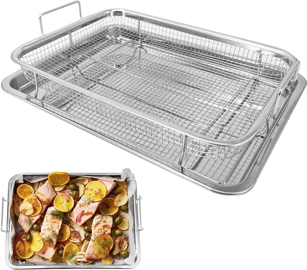 Rvs Crisper Lade en Mand 13 "x9.6 "x3.1" Oven Air-Fryer Pan Mesh Basket Set - Bakken Krokante Kip Frieten Ui Ringen cooling rack — afbeelding 1