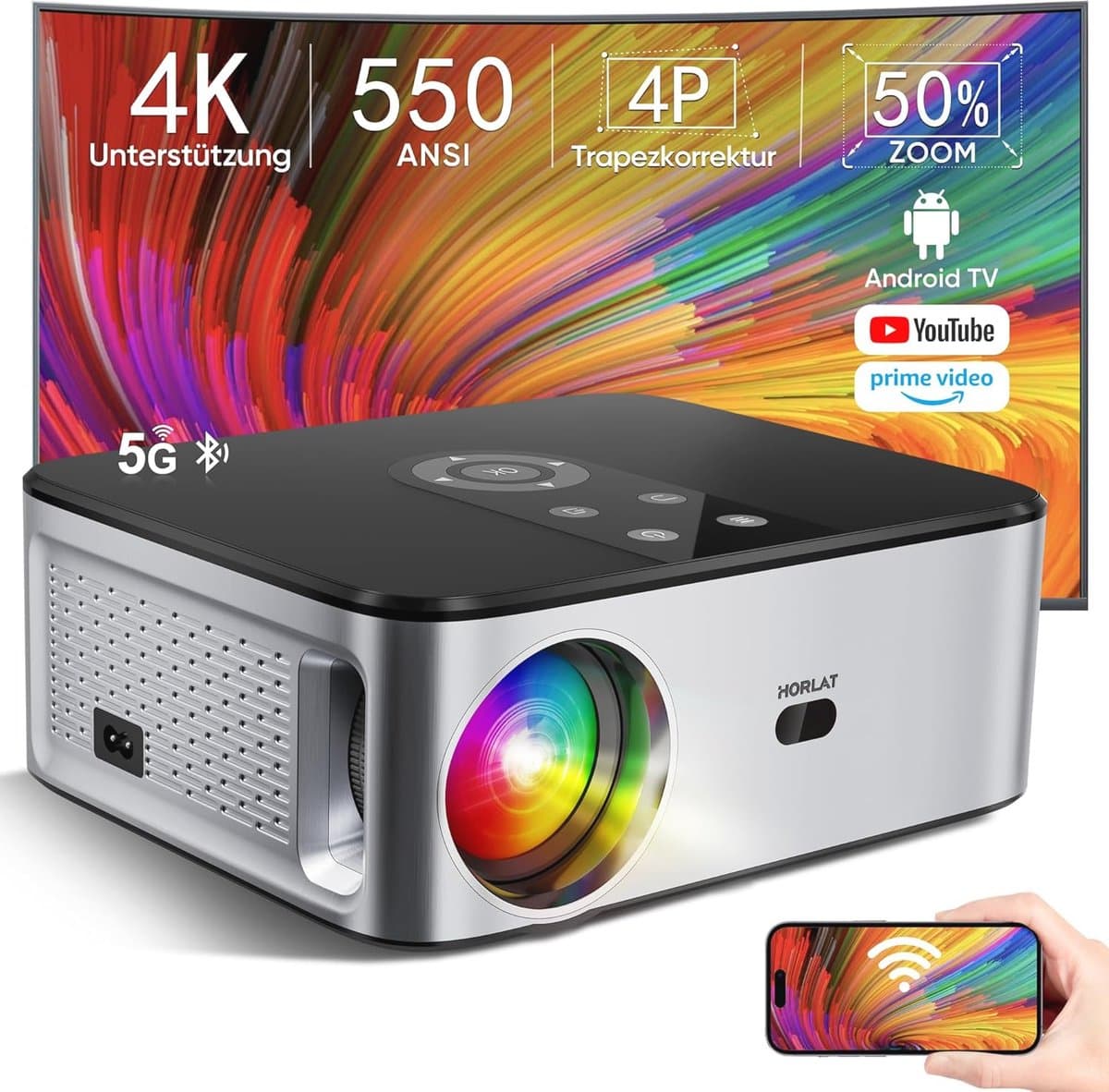 4K projector met 25000 lumen en Android TV | Native 1080P, WiFi en Bluetooth projector voor thuis en buiten — afbeelding 1