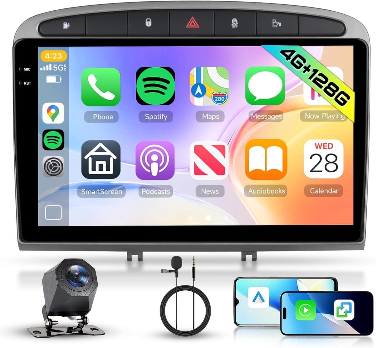 Auto Radio 9 Inch - 4GB RAM + 128GB Opslag - Android 15 met Navigatie - Draadloze Carplay en Android Auto - ShopVlot — afbeelding 1