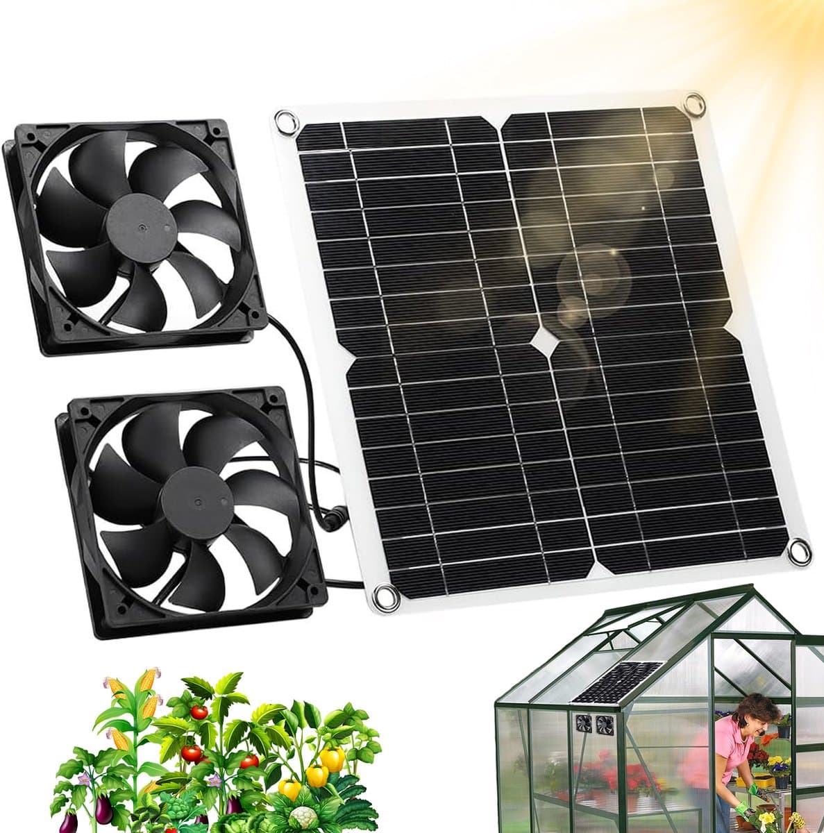 Ventilator - Afzuigventilator - Zonne-energie Ventilator - Ventilatie Voor Kassen - 12W Paneel - 2 Stuks - 280x280 mm - Waterdicht IP65 - Voor Kippenhok Schuur en Kas - Buitenlucht — afbeelding 1