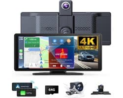 Dashcam voor auto - Zwart - 10,26 inch - 4K Frontcamera met 1080p Achteruitrijcamera en Draadloze Carplay - Voor Auto Navigatie en Veiligheid
