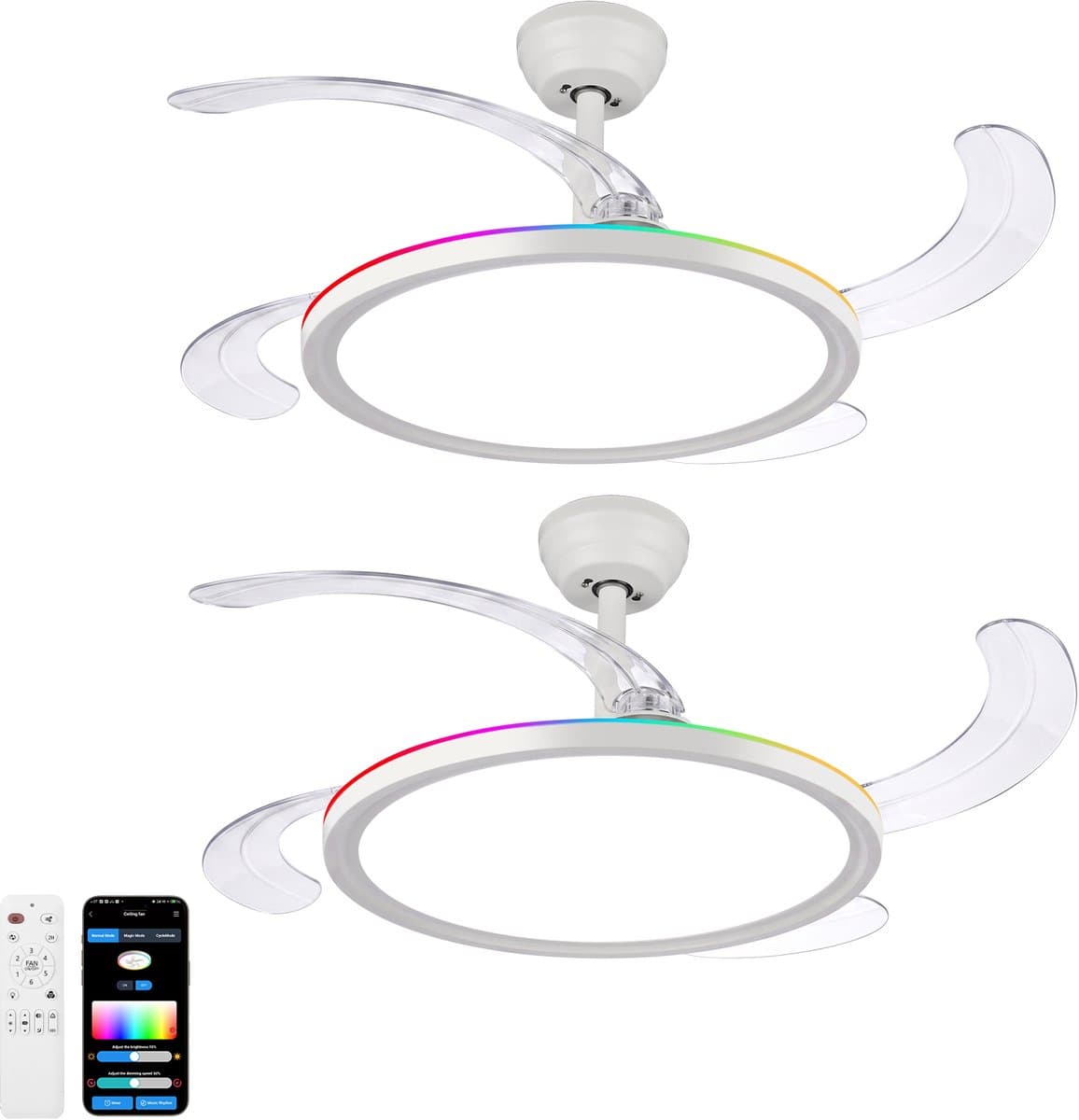 Oraymin Set van 2 Plafondventilator met Lamp 50 cm – Uitschuifbare Transparante Bladen - CCT 3000K-6000K - RGB en 6 Snelheden — afbeelding 1