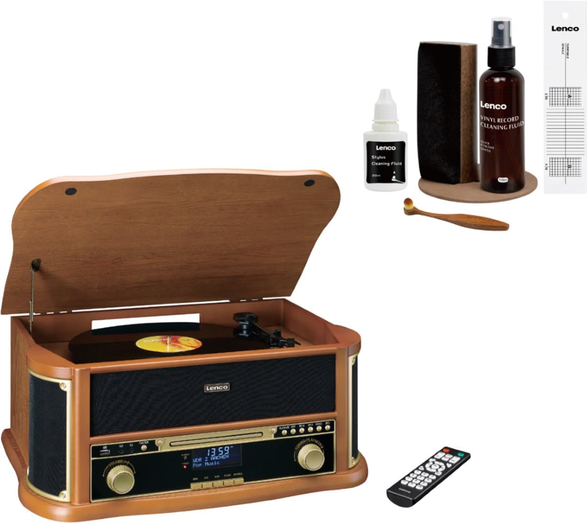 Lenco Retro Platenspeler Bundel - TCD-2571WD + TTA-6IN1 - Platenspeler met Bluetooth, DAB en Cassette - 6-delige LP Schoonmaakset — afbeelding 1