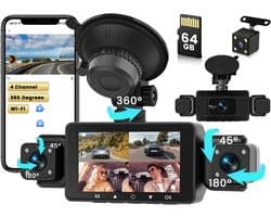 SnelShoppen - Wi-Fi Dashcam 1080P FHD Mini Auto Camera met 64GB Kaart, 3 Camera's voor Voor, Achter en Zijkanten, G-Sensor, Nachtzicht, Parkeerbewakin
