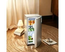 Zilverkleurige één‑deurs minikoelkast van 29 liter met alleen koelfunctie, energie‑efficiëntieklasse A, stil bedrijf van 38 decibel, afmetingen 55×40×39 cm, geschikt voor studentenkamers, kantoren en slaapkamers