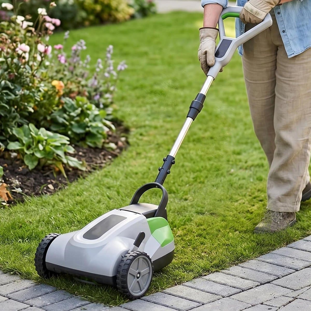 Eenhands Grasmaaier - Accu Grastrimmer - Gazon Onderhouden - Ruimtebesparend Verticaal - 21cm Maaibreedte - Meerkleurig — afbeelding 1