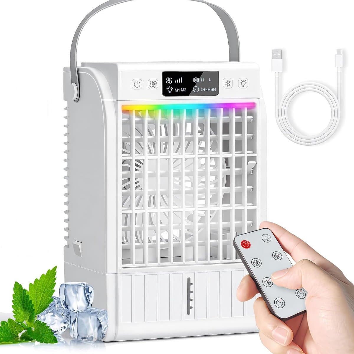 Sander Shop Mini-luchtkoeler, mobiel, 4-in-1 draagbare airconditioning, klein met afstandsbediening, 1500 ml watertank, 4 snelheden, 2 mistmodi, RGB-licht, timer, ventilator met waterkoeling voor keuken — afbeelding 1