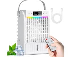 Sander Shop Mini-luchtkoeler, mobiel, 4-in-1 draagbare airconditioning, klein met afstandsbediening, 1500 ml watertank, 4 snelheden, 2 mistmodi, RGB-licht, timer, ventilator met waterkoeling voor keuken