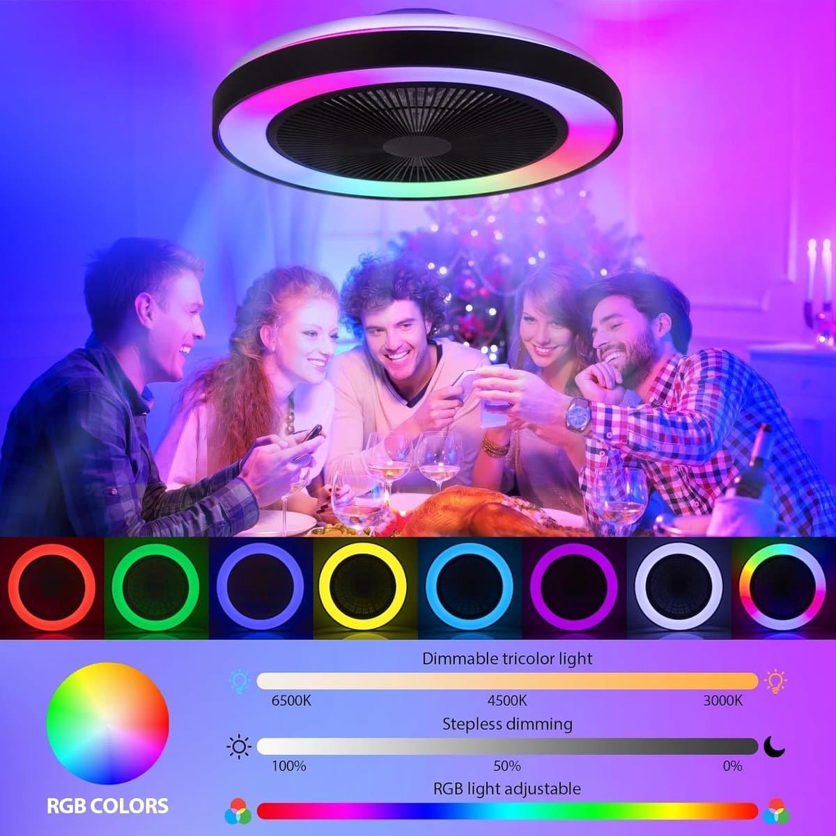 Plafondventilator met Verlichting – Dimbaar RGB LED – Stille DC Motor – Afstandsbediening – 50 cm — afbeelding 1