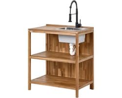 Buitenkeuken met spoelbak - Houten werktafel - Buiten koken - Weerbestendig acaciahout - 80x50x133 cm - Bruin