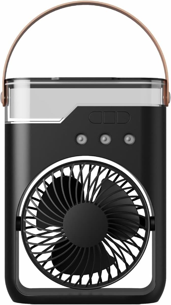 Aircooler - Ventilator - Draagbare vernevelingsventilator met verkoelende waternevel – Voorzien van 5 instelbare windsnelheden en nachtverlichting; de perfecte mini ventilator voor op kantoor, in de auto, thuis en daarbuiten (Zwart) — afbeelding 1