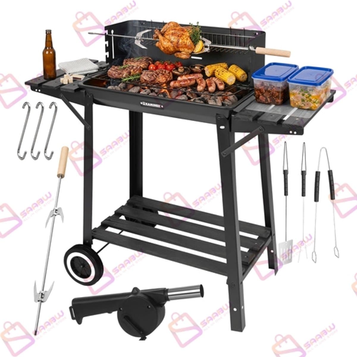 Houtskool BBQ Grill met Draaispit - Warmhoudrooster - Zijtafels - Tuingrill Zwart - bbq houtskool - 62552 — afbeelding 1