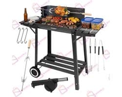 Houtskool BBQ Grill met Draaispit - Warmhoudrooster - Zijtafels - Tuingrill Zwart - bbq houtskool - 62552
