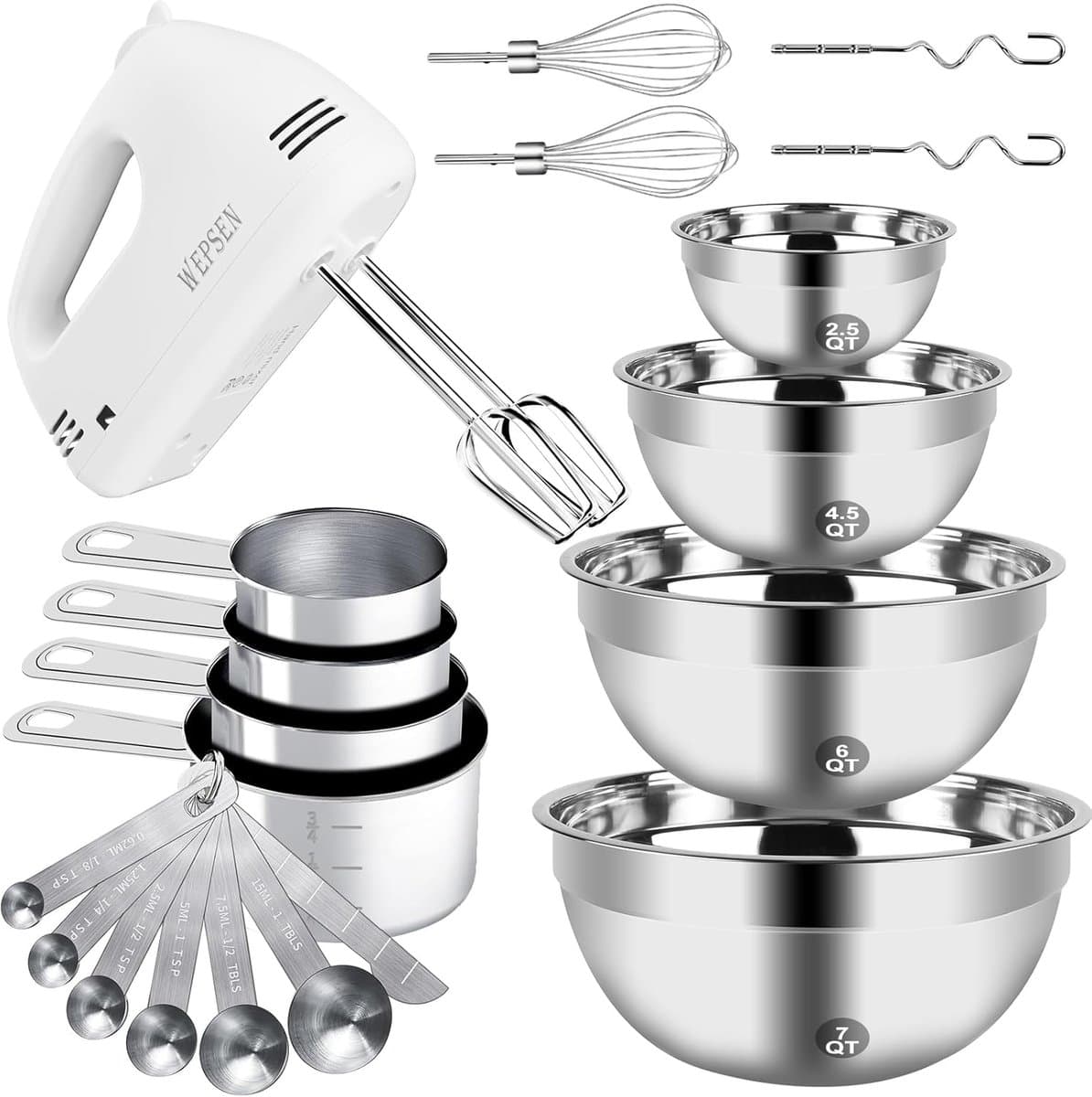 Elektrische Handmixer Set met Roestvrijstalen Mengkommen en Maatbekers — afbeelding 1