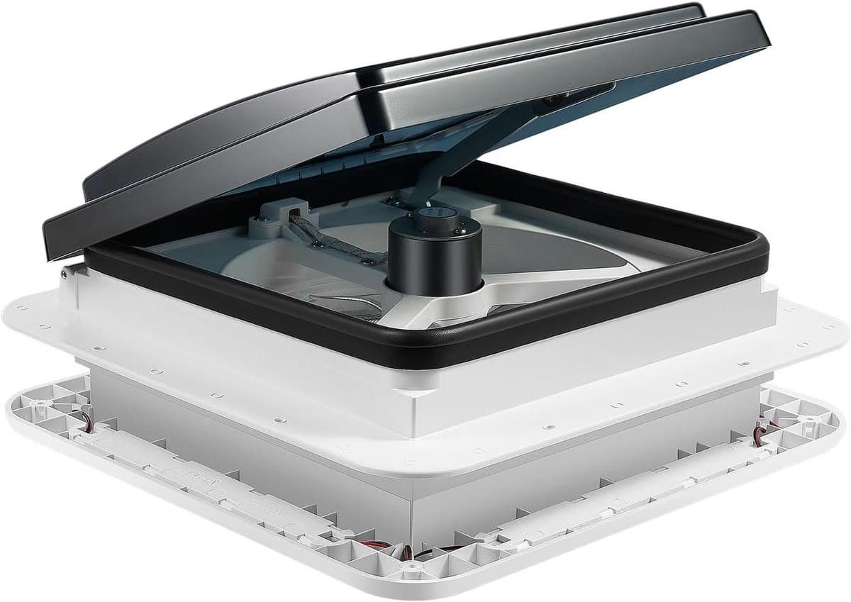 RV Dakventilator, 28 x 28 cm, 12 V, afvoerventilator, 6 versnellingen, dakventilator, camper, dakluikventilator met 4 led-lichtbronnen — afbeelding 1