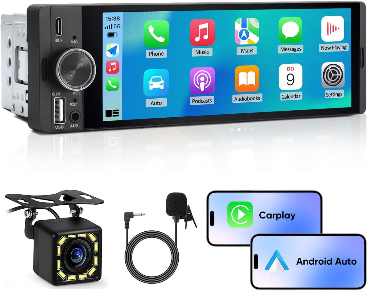 Hexinex - 1 DIN Carplay Autoradio - met 6,36 inch IPS-touchscreen - USB externe microfoon Achteruitrijcamera — afbeelding 1