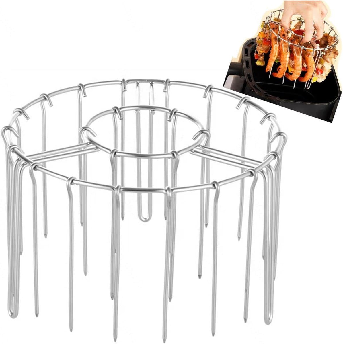 Kebabrek voor airfryer - Antiaanbakgrill - Kebabset met thermische circulatie - Grill voor airfryer - Met ronde ophanging - Multifunctioneel verticaal kebabrek - Geschikt voor BBQ-keuken thuis - 48 spiesen - Geschikt voor airfryer, oven, enz. - Zilve — afbeelding 1