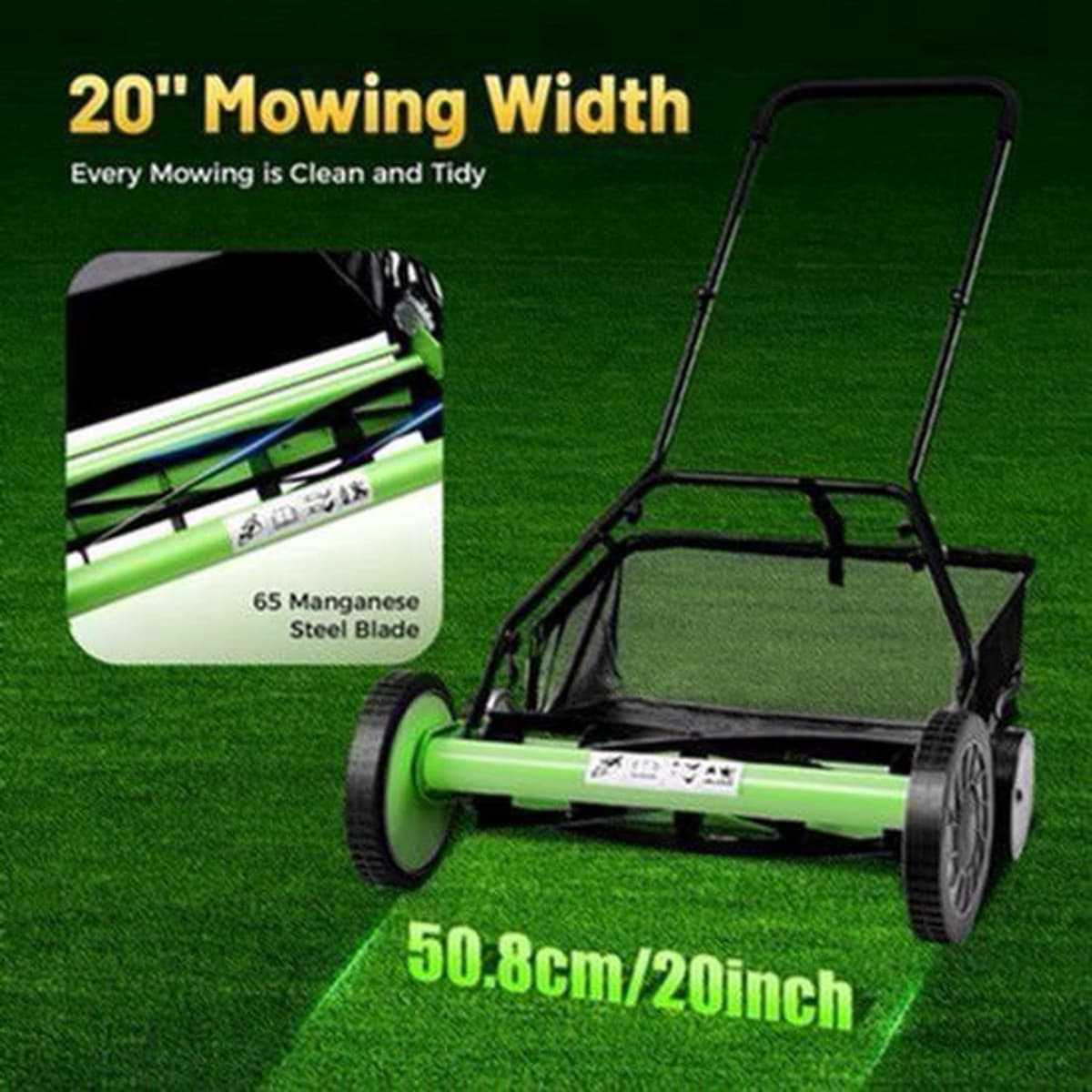 Handgrasmaaier – Handmaaier – Kooimesmaaier – Duwgrasmaaier – Gazonmaaier – 50,8 cm Maaibreedte – 9 Instelbare Maaihoogtes – 65-Mangaan Stalen Messen – Met Opvangzak – Groen — afbeelding 1