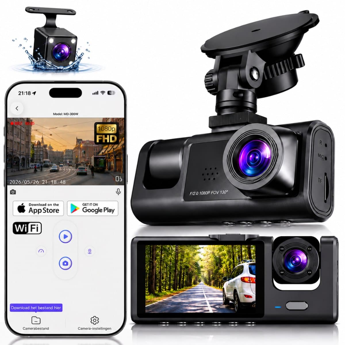 MrGoods Dashcam Auto - Triple Lens Dashcam Voor Achter Binnen Camera - Wifi - 1080P Full HD - Nachtzicht - G-Sensor - Parkeermodus - Looprecording — afbeelding 1