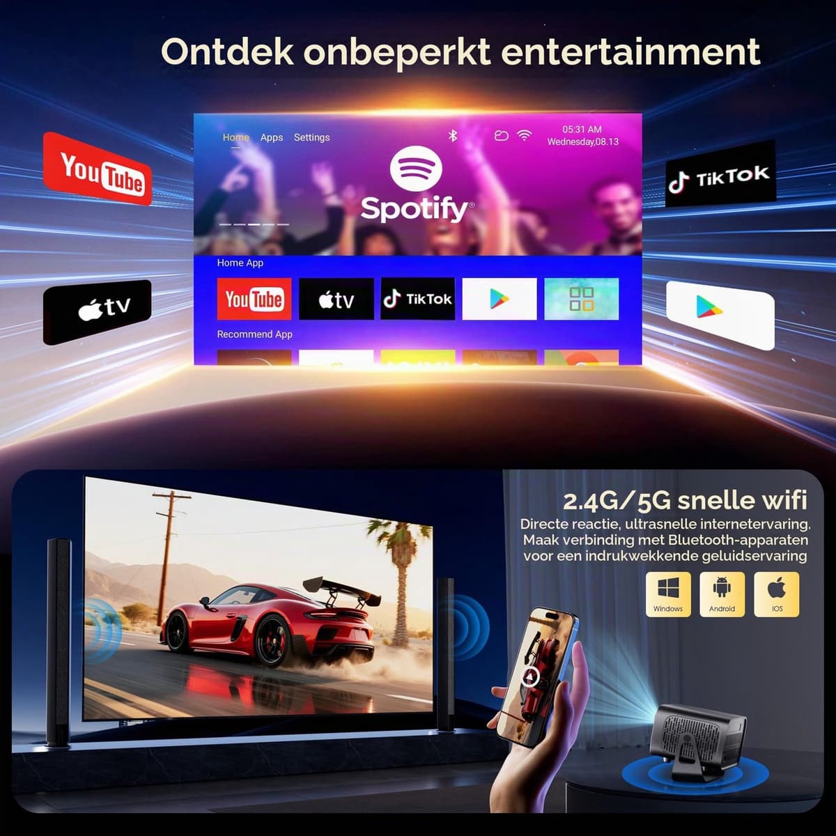 Mini Beamer 1000 ANSI Lumen - Full HD 1080p Resolutie - LED Projector - Android 13 Smart Beamer - Draagbaar Met Wifi En Bluetooth — afbeelding 1