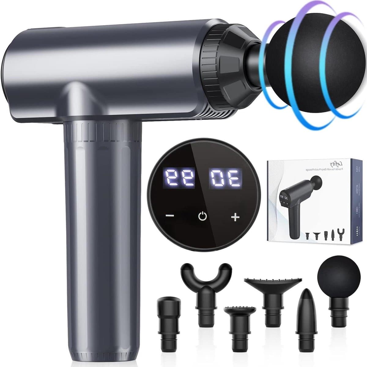 Massagepistool - Spierstimulator - Spierherstel - 30 Niveaus - 6 Opzetstukken - Zwart — afbeelding 1