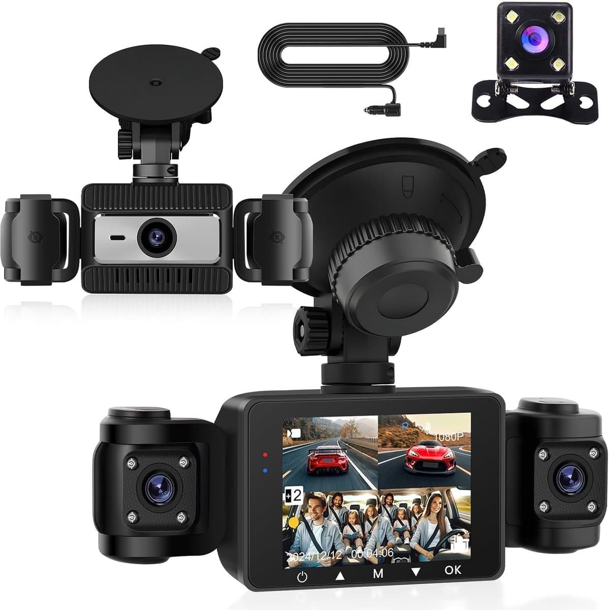 4-kanaals dashcam auto, 1080p dashcam autocamera en achter binnen met 64 GB kaart, 2,4 inch IPS-scherm, nachtzicht, G-sensor, 24 uur parkeren, parkassistent, bewegingsdetectie, loop-opname — afbeelding 1