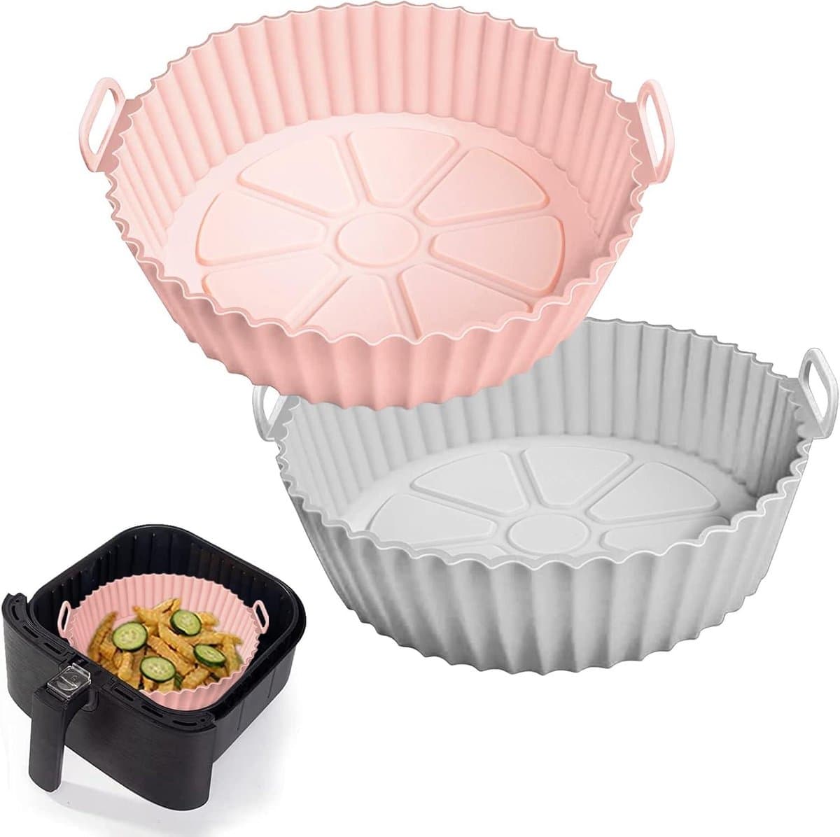 Daity 2 stuks Airfryer siliconen bakvormen, 8 inch Airfryer mandvoeringen, siliconen bakvormen, geschikt voor Airfryer oven, herbruikbare bakvormen ovenaccessoires (roze, grijs) — afbeelding 1