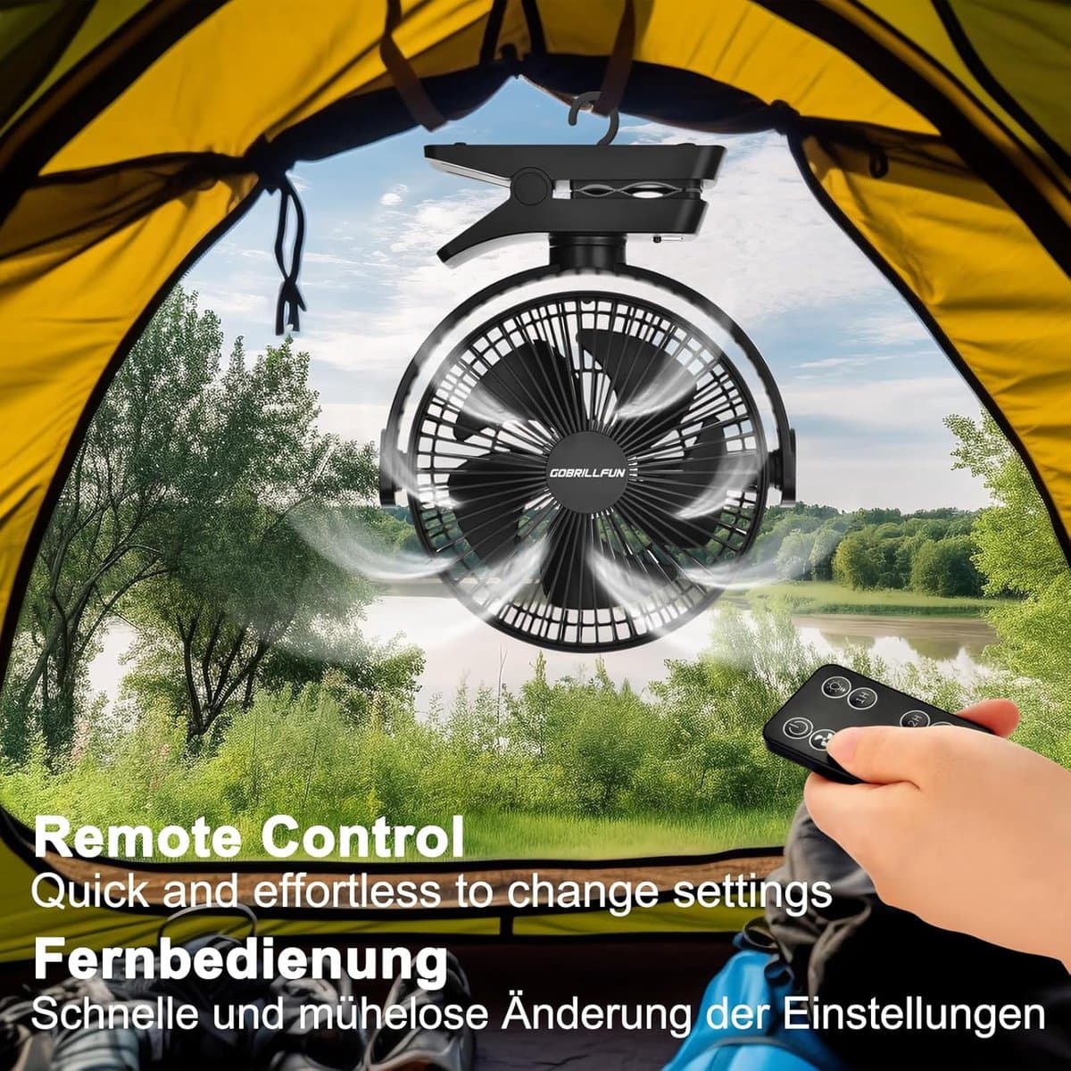 Oplaadbare clip-on ventilator 12000 mAh met afstandsbediening en LED-verlichting - 5 snelheden voor kantoor en buitengebruik — afbeelding 1
