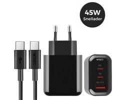 45W snellader GaN technologie - adapter USB A en USB C poorten - inclusief USB C naar USB C kabel 2 meter - geschikt voor Samsung Galaxy en iPhone 17 / 16 / 15 - zwart - WiseQ — afbeelding 1