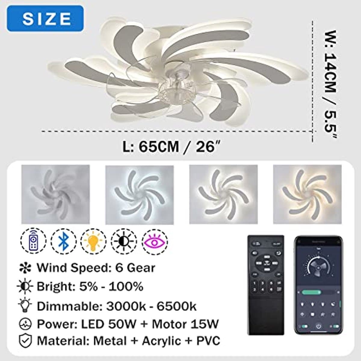 Moderne 50W Dimbare Plafondventilator met Verlichting voor Woonkamer en Slaapkamer — afbeelding 1