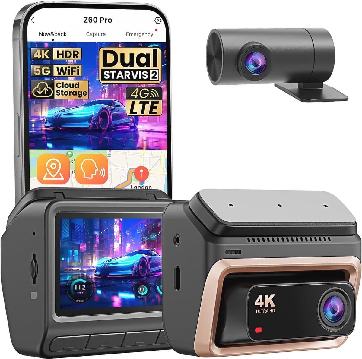 Dashcam 4K + 1080P Dual Camera met Nachtzicht en GPS Voor Auto — afbeelding 1