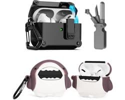 Beschermende grappige schattige haai hoes compatibel met Apple Airpods Pro - reinigingsset en sleutelhanger - 3-in-1 - 2e/1e generatie