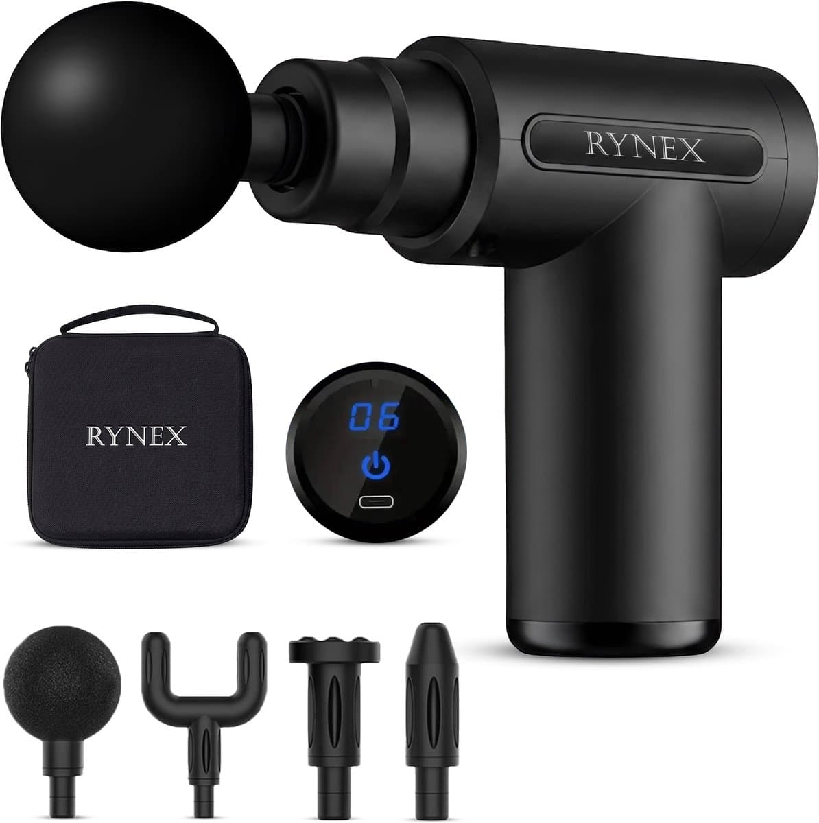 Massage Gun - Professioneel Mini Massage Apparaat - Massage Pistool - Inclusief 4 Opzetstukken & Opbergkoffer - Spiermassage - 6 Snelheden - Zwart - Rynex — afbeelding 1