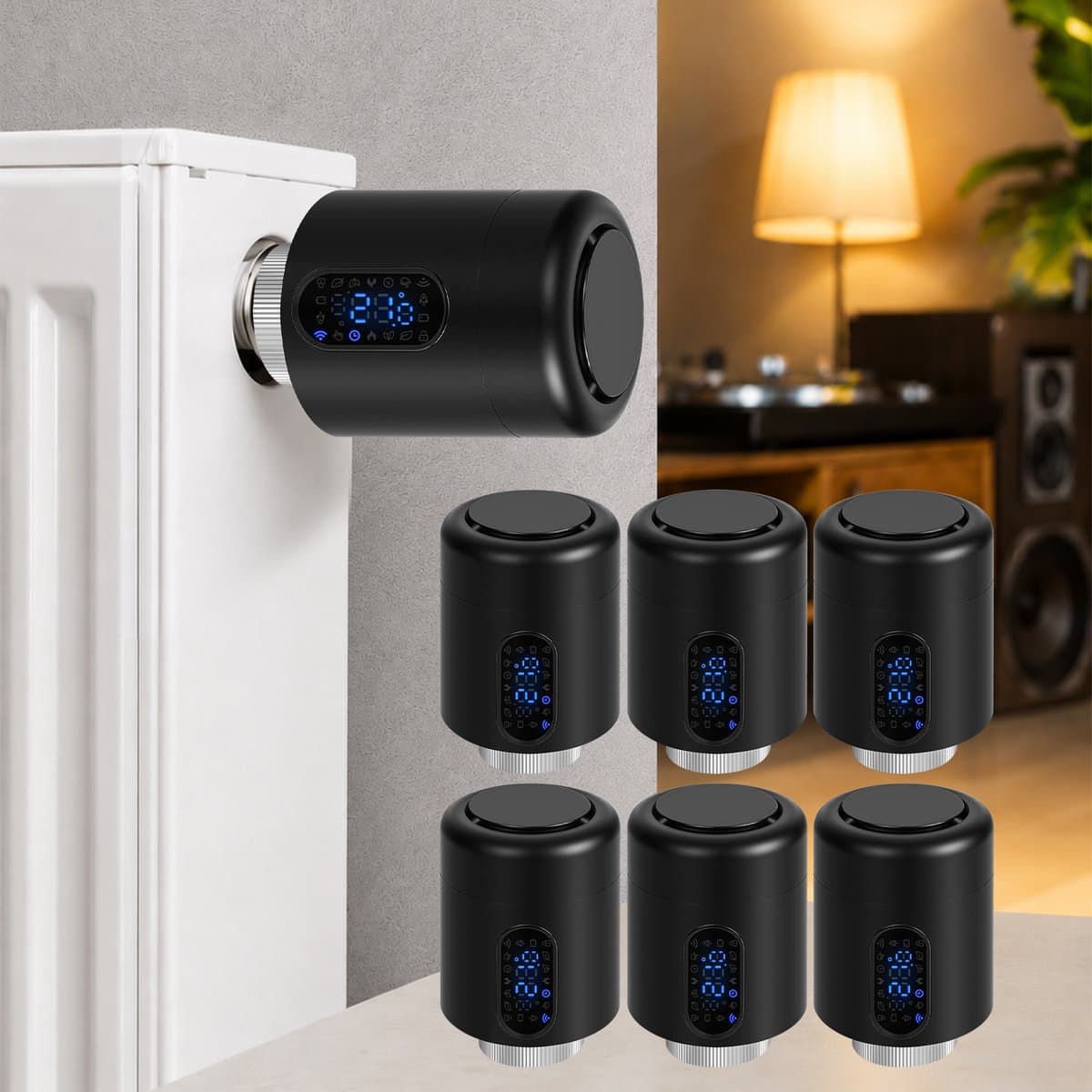 WiFi Radiatorthermostaat met App-bediening en 7 Ventieladapters – Zwart – 6-pack — afbeelding 1