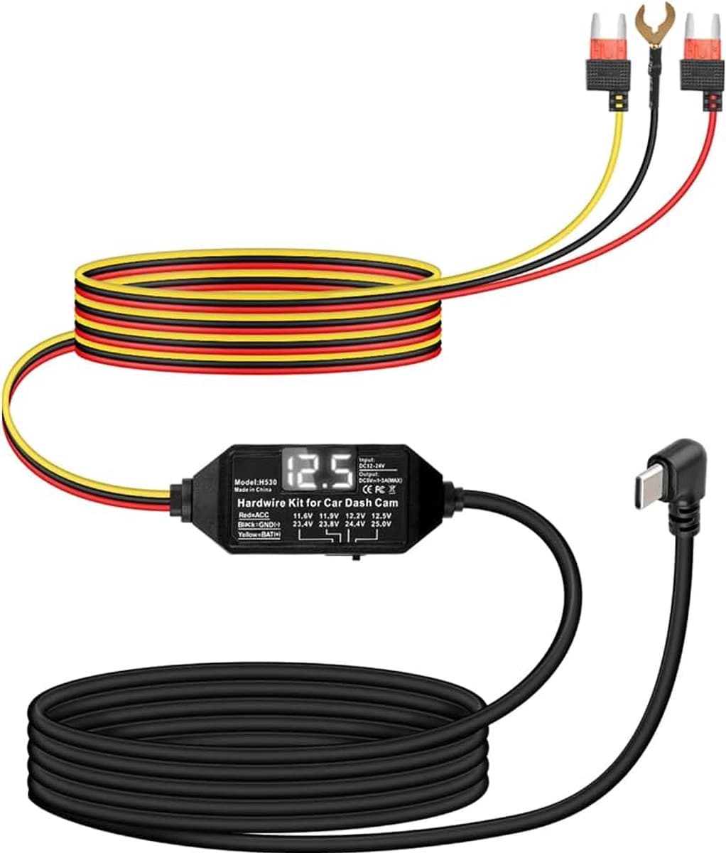 Dash Cam Hardwire Kit, 12V-24V naar 5V/3A USB-C rijcamera hardwire-kit met digitaal display, laagspanningsbeveiliging, 24-uurs bewaking en acc-modus voor dashcams (3,5 m) — afbeelding 1