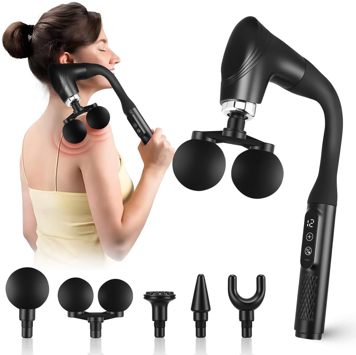 SnelShoppen - Massagepistool met dubbele kop, 12 snelheden, geluidsarm (36 dB), met 5 opzetstukken, LCD-display, U-handgreep, ideaal voor rug, nek, be — afbeelding 1
