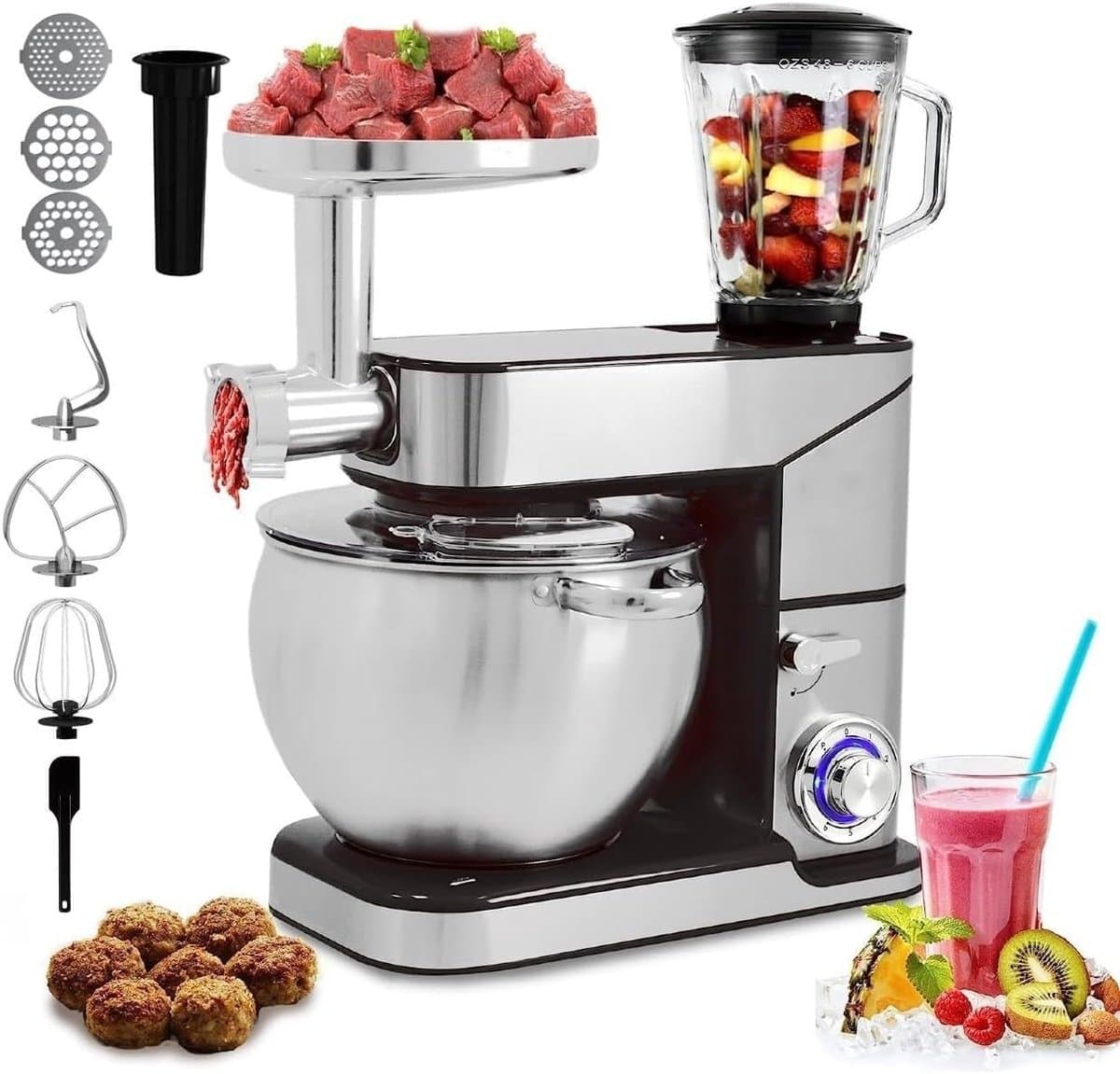 Keukenmachine - Mixer - Bakken en Koken - 3-in-1 Functie - 12 Liter Kom - Zilver — afbeelding 1