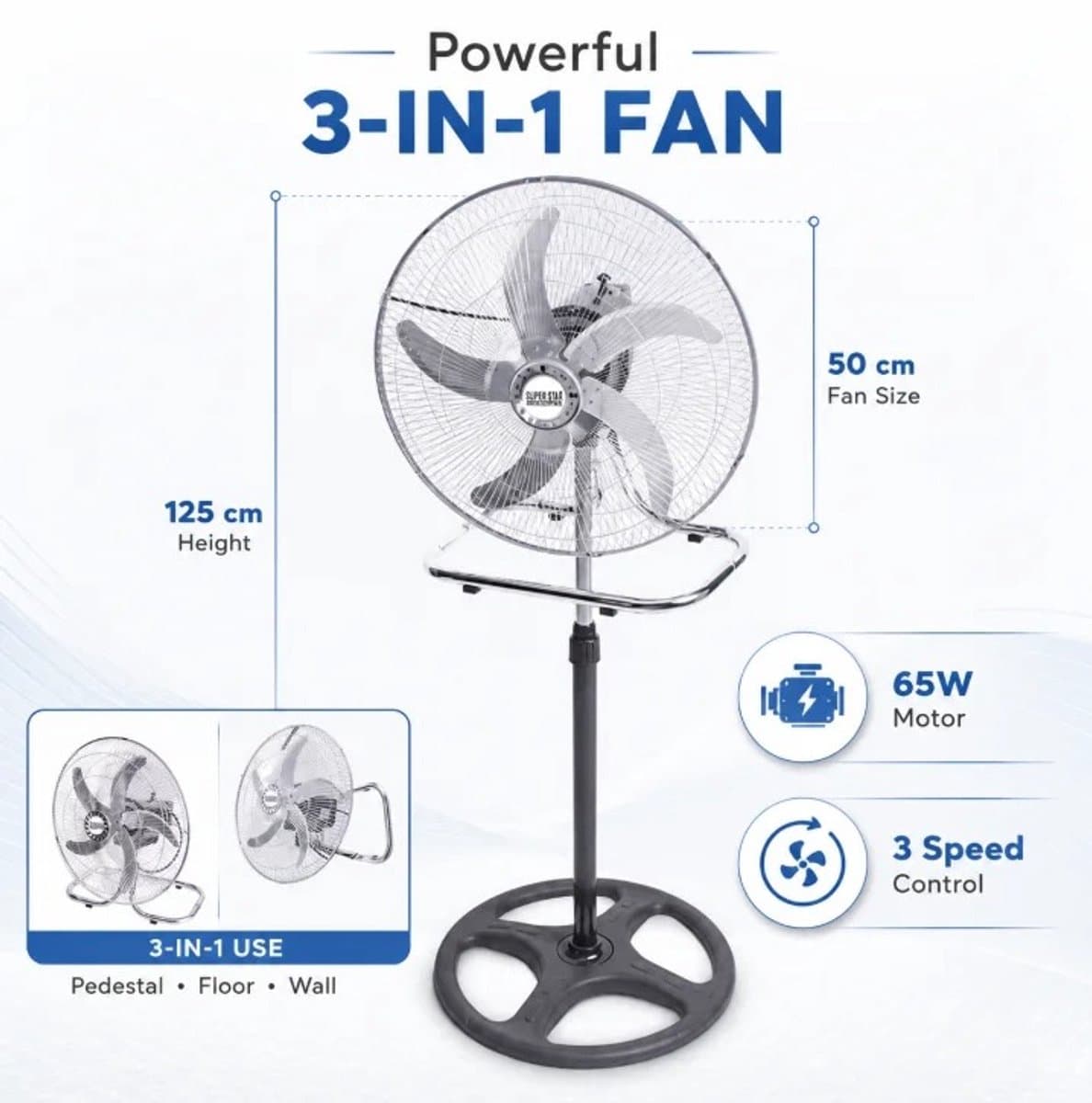 House Of Atelier - 3-in1 Ventilator - Staande Ventilator - Tafel Ventilator - Muur Ventilator - 65W vermogen - 3 Snelheden - Zwart — afbeelding 1