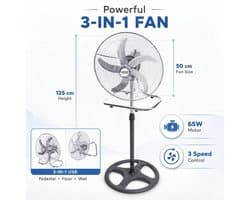 House Of Atelier - 3-in1 Ventilator - Staande Ventilator - Tafel Ventilator - Muur Ventilator - 65W vermogen - 3 Snelheden - Zwart